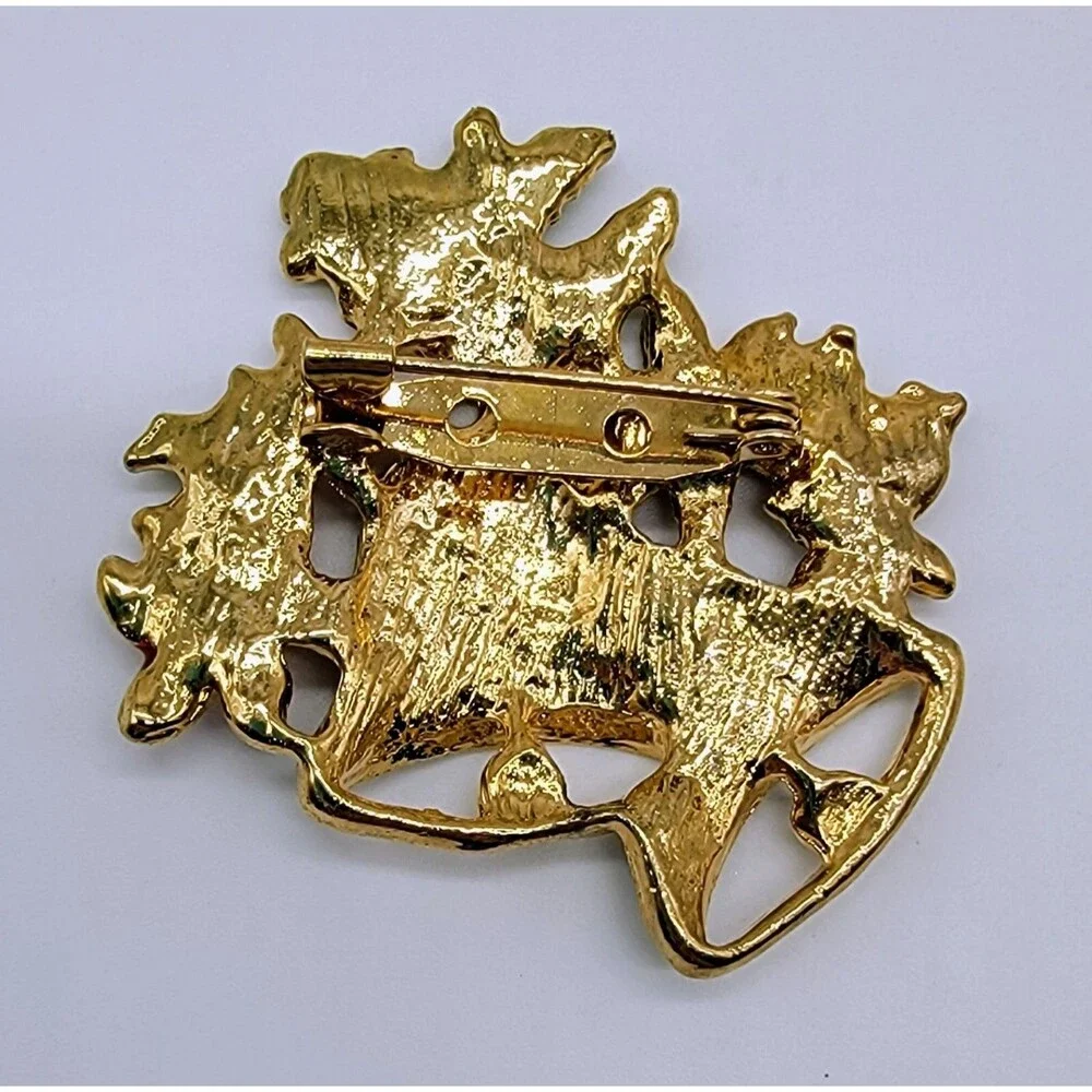 Christmas Poinsettia Brooch Pin Bells Enamel Gold Tone Red Green Holiday
